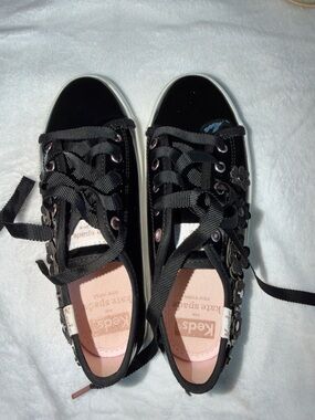 kate spade Black Floral Appliqué Ribbon Lace Sneakers
